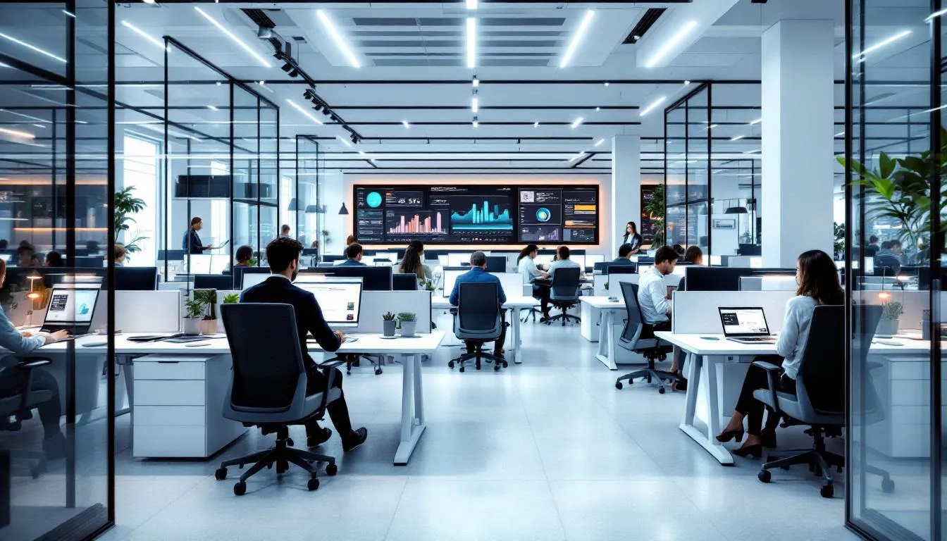The image depicts a modern office environment showcasing a technology and innovation company, with employees collaborating on projects related to e-commerce and financial services. The setting reflects a vibrant atmosphere of innovation, indicative of the company's role in attracting foreign investment and supporting businesses in various regions, including Southeast Asia and Europe.