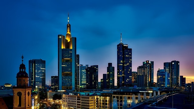 buildings, city, illuminated, city lights, skyline, skyscrapers, urban, urban landscape, metropolitan, frankfurt, germany, panorama, cityscape, downtown, nature, modern, architecture, sunset, dusk